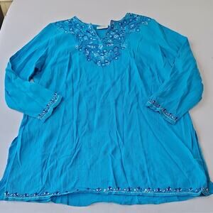 White Stag Embroidered Cotton Tunic Caribbean Blue Plus 18/20W Summer Resortwear